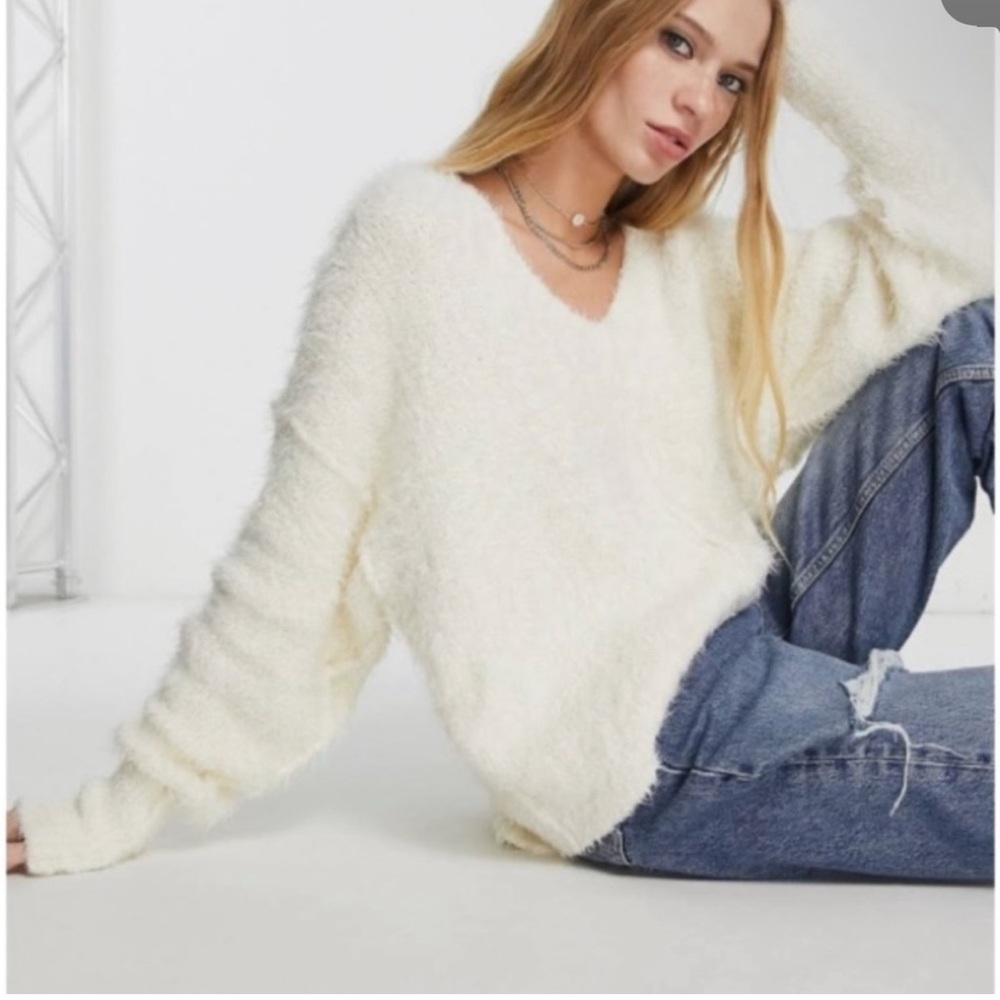 Ivory V Neck Pullover Sweater Boxy Baggy Oversized